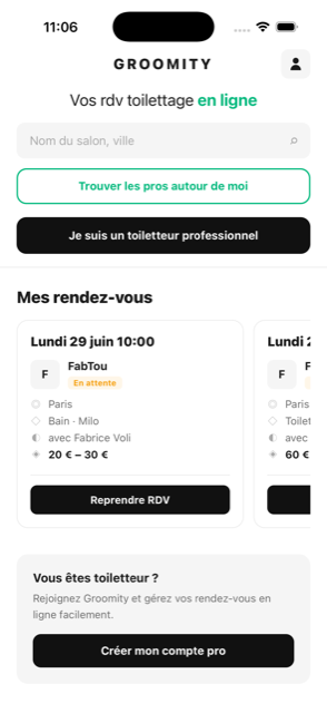 Écran d'accueil de l'application Groomity : recherche de salon et liste des rendez-vous